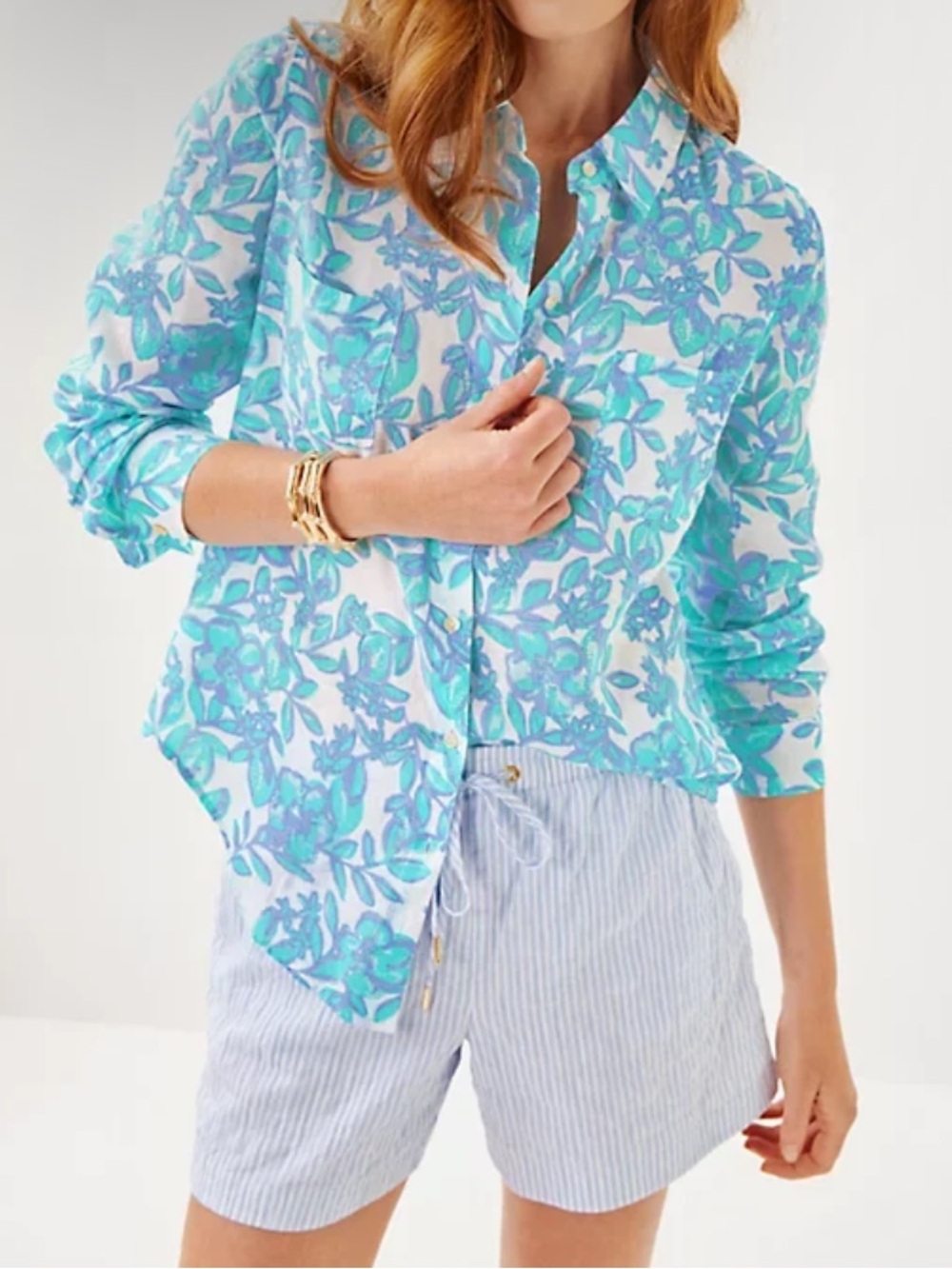 Lilly Pulitzer Sea View Linen Button Down Top Floral Button Down in Blue & White